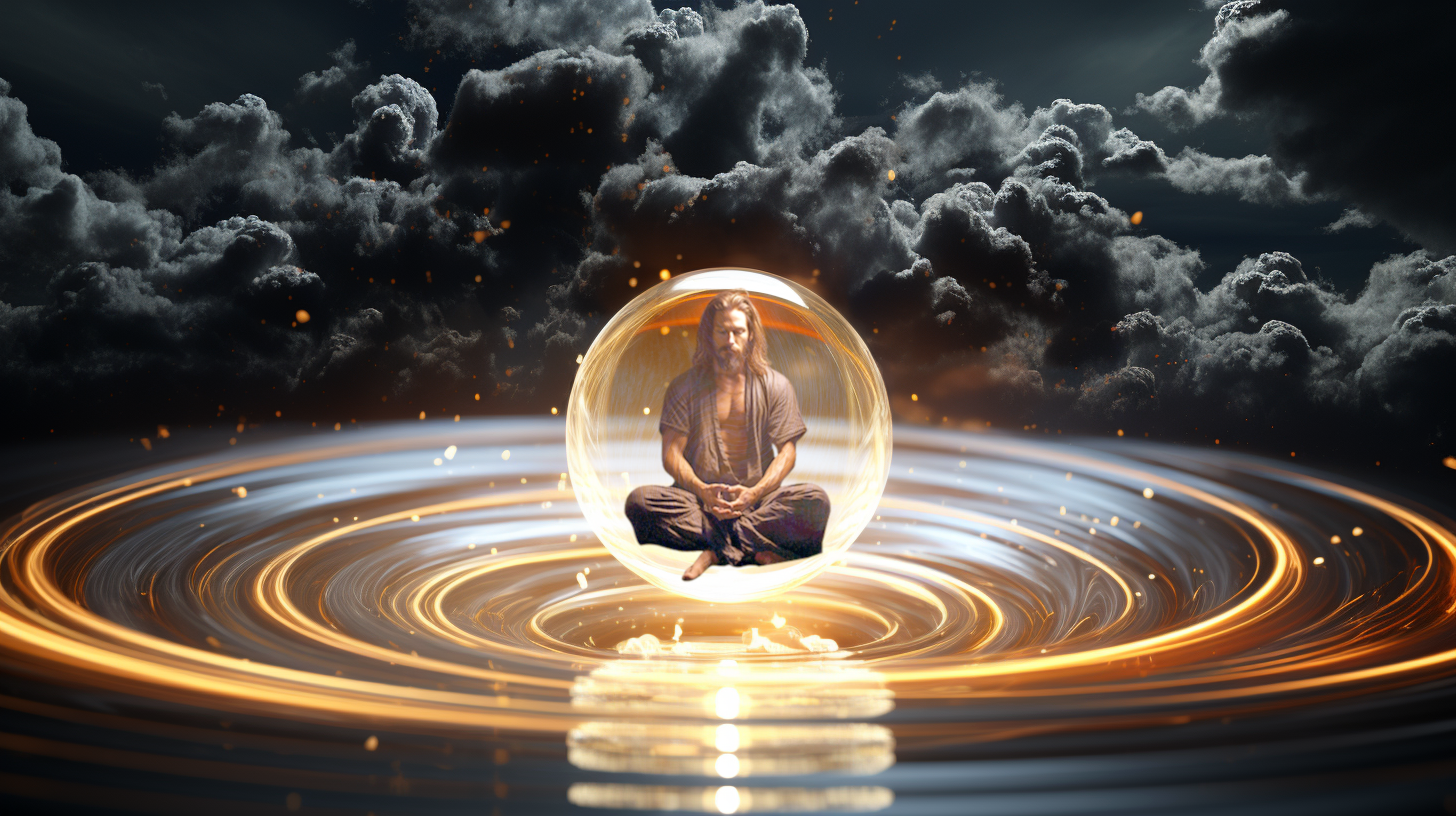 A man meditating in a golden ball, in the style of water and land fusion, luminous 3d objects, with a dense black cloudy atmosphere behind