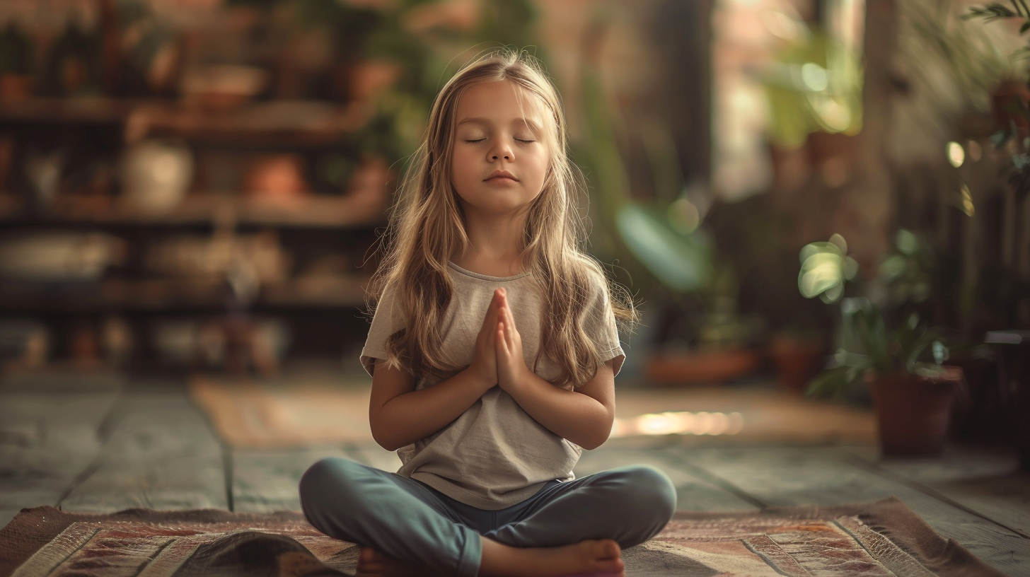 A young girl in a meditation position with her eyes closed and her hands in her belly, practicing mindfulness breathing