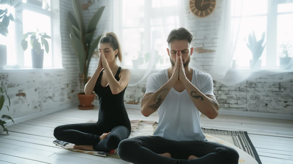 A man and a woman sitting in a meditation pose with their fingers pinching their noses